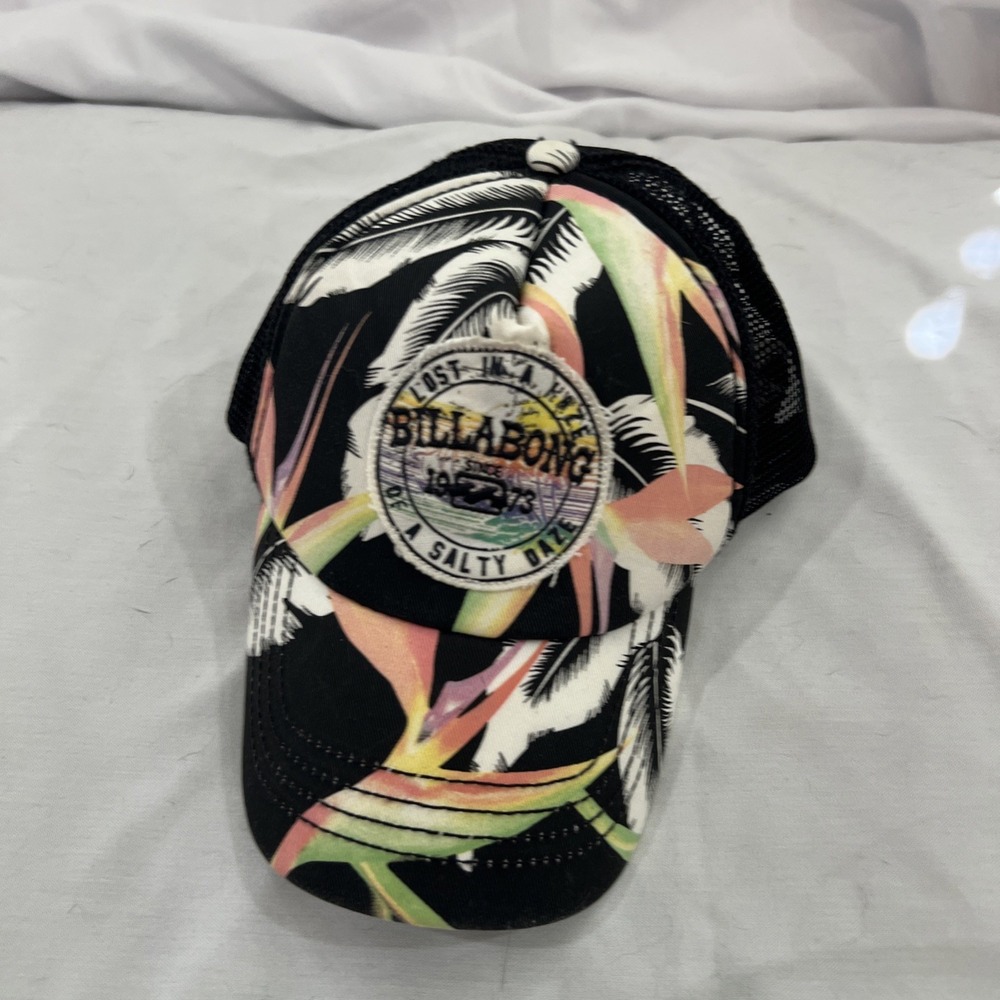 Billabong Trucker Cap Flower Adjustable Hat Black Mesh 1973 lost in a‎ haze